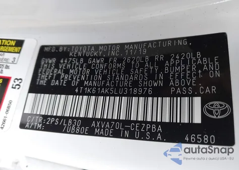2020 Toyota Camry Xse z USA, uszkodzony, nr VIN 4T1K61AK5LU318976